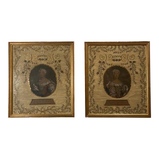 Antique Silk Embroidery Portraits Late 1700's to Early 1800's of Maria Teresa D' Espana & Marie Josephe De Saxe - Dauphines De France - a Pair For Sale
