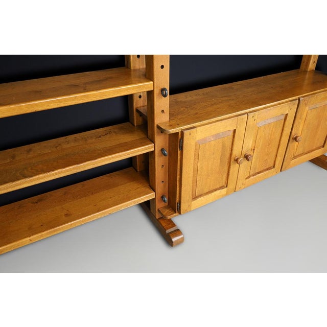 Wood Large Brutalist Modular Shelving Unit in Oak with Metal Pegs and Cabinet, Belgium, 1960 For Sale - Image 7 of 17