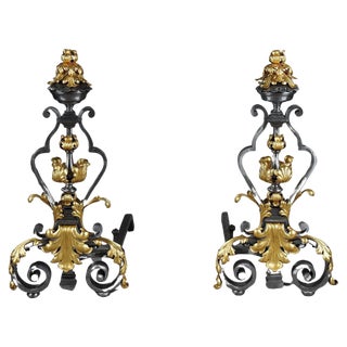 Large Wrought Iron Andirons, 1880, Set of 2 For Sale