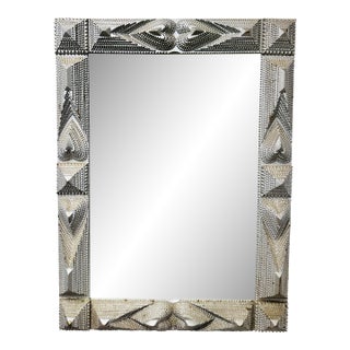 Antique Monumental Tramp Art Framed Folk Mirror With Carved Hearts, Circa Late 19th Century For Sale