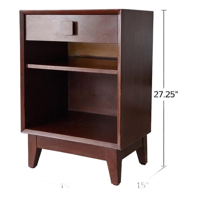 Solid Wood Mid-Century Modern Nightstand With 2.5” Square Wood Knob – Dovetailed Drawer – 1950s–1960s For Sale