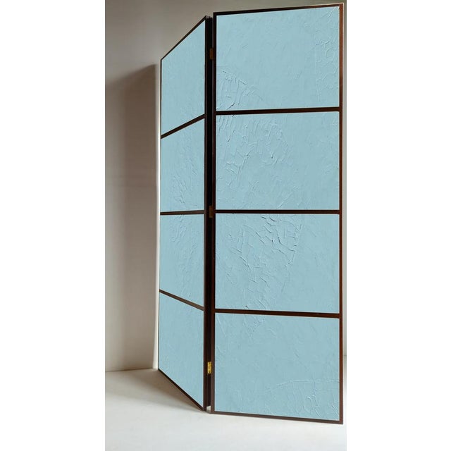 Inlaid divider by Pietro Meccani. Beautiful two-element screen with dark wooden frames and framing with stucco-treated...