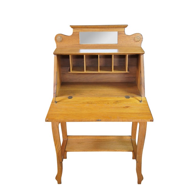 Victorian Antique Victorian Petite Oak Mirrored Slant Top Secretary Ladies Writing Desk For Sale - Image 3 of 14
