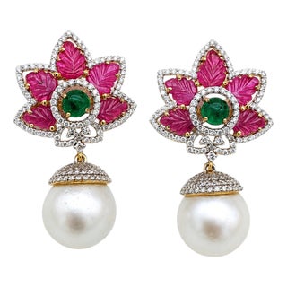 Natural Ruby, Emerald, Pearl, & Diamond Earring in 14k Gold For Sale