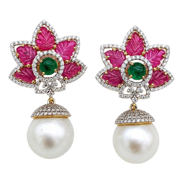 Natural Ruby, Emerald, Pearl, & Diamond Earring in 14k Gold For Sale