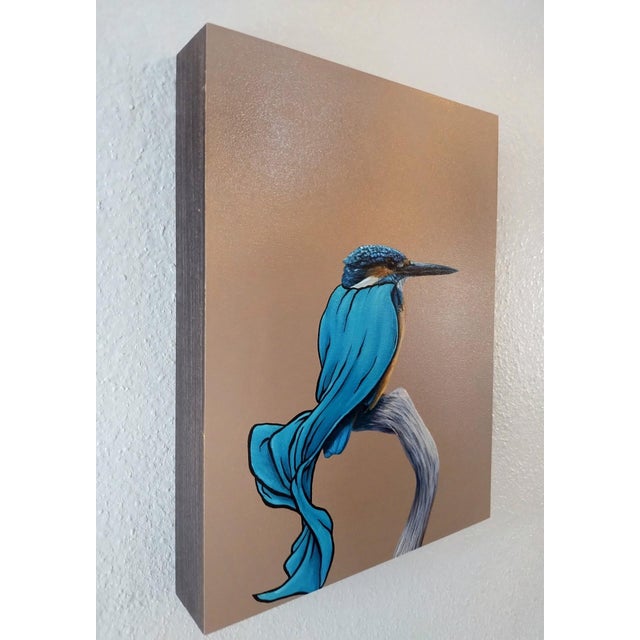Turquoise Masks We Wear, Sometimes it's a Cape by 3rd Version (Ben Patterson) | Oil on cradled panel Bird with a blue cape. For Sale - Image 8 of 10