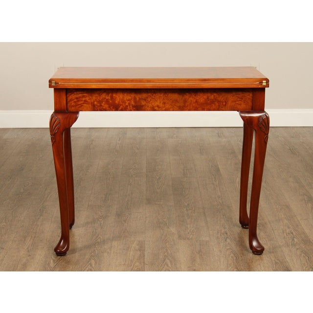 Queen Anne Style Burl Wood Leather Top Folding Games Table For Sale In Philadelphia - Image 6 of 12