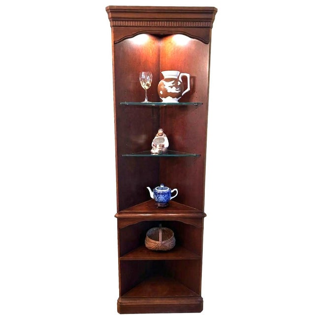 Traditional Vintage Hooker Furniture Illuminated Traditional Cherry Open Corner Cabinet For Sale - Image 3 of 10