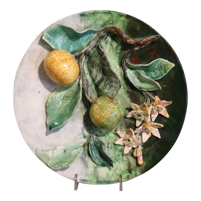 19th Century French Hand-Painted Barbotine Faience Wall Plate Stamped Longchamp For Sale