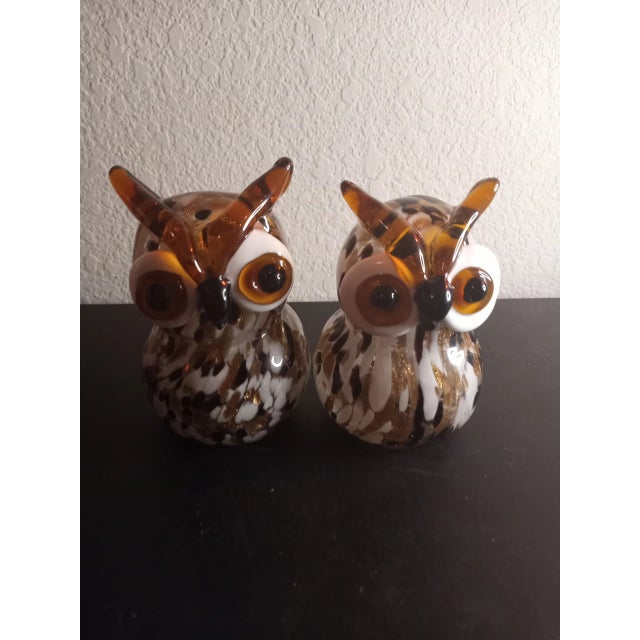 Glass Vintage Art Glass Speckled Aventurine Owl Figurines- Set of 2 For Sale - Image 7 of 9
