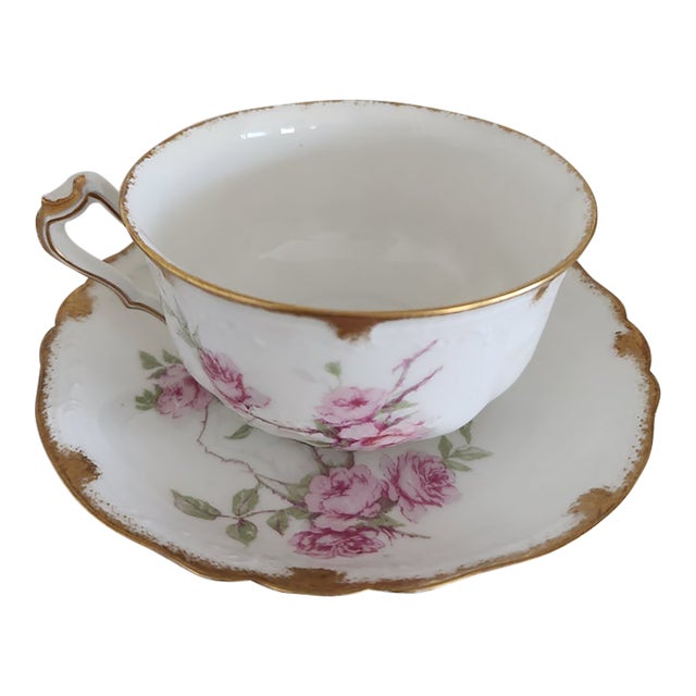 Late 19th Century Victorian Haviland Limoges Baltimore Rose Oversize Breakfast Cup and Saucer Set For Sale