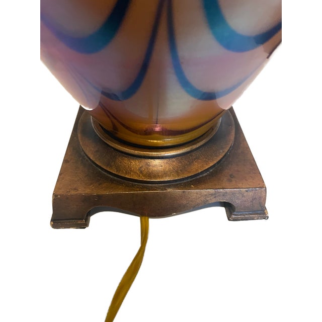 Vintage Iridescent Art Glass Table Lamps-Murano Style Amber Feather Patten - A Pair For Sale - Image 9 of 17