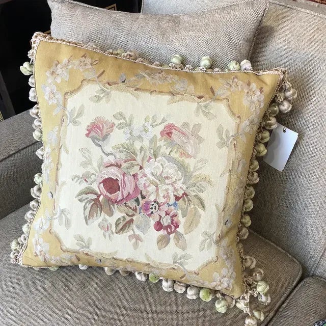 100% Silk Pillow With Floral Design on a Yellow Background Accented With Silk Tassel Fringe. Can be a great gift for...