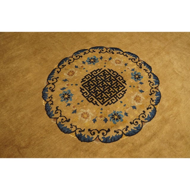 Textile 1920s Camel Field Swastika Antique Chinese Peking Knotted 13'4" X 14' Square Rug For Sale - Image 7 of 8