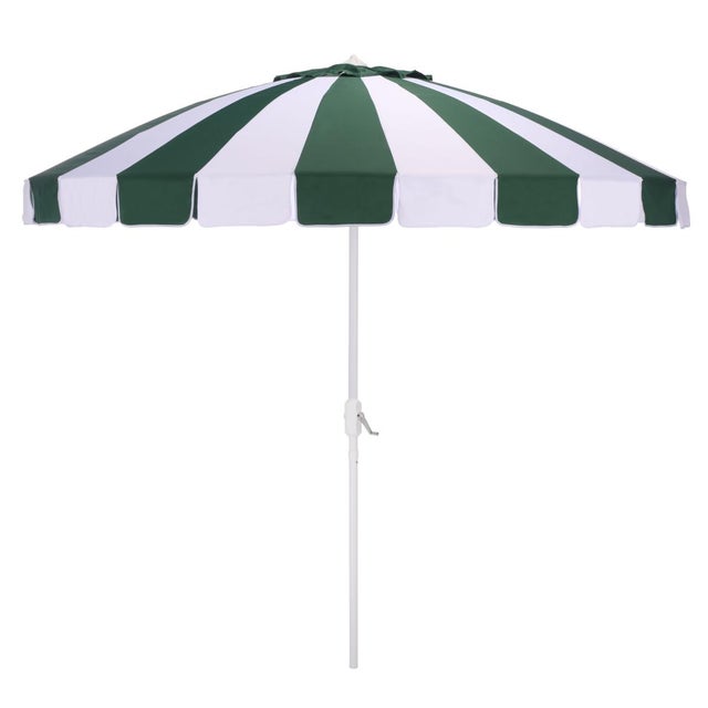 Dark Green Buti 9 Ft Crank Umbrella, Green Cabana Stripe/White Pole For Sale - Image 8 of 8