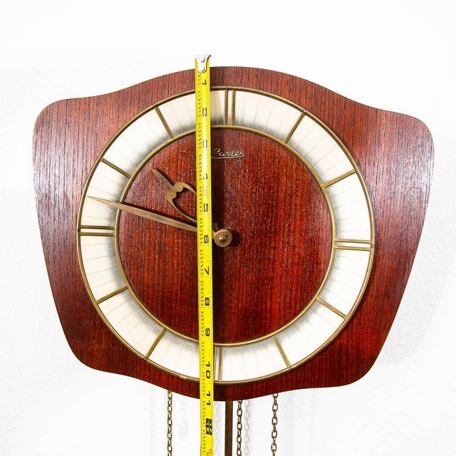 Mid Century Modern Wall Clock Teak Pendulum Weights 10 Jewel Denmark Chime For Sale - Image 9 of 9