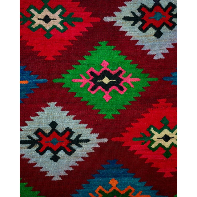 Extra-long vintage handwoven wool runner in a Romanian kilim-style / Balkan geometric folk design (style reference). Bold...