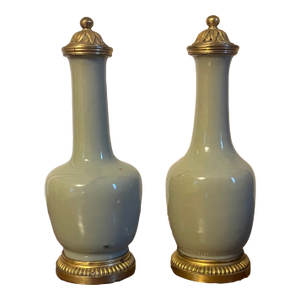 Antique Small Chinese Celadon Porcelain Vases With 19th Century French Gilt Bronze Mounts - A Pair