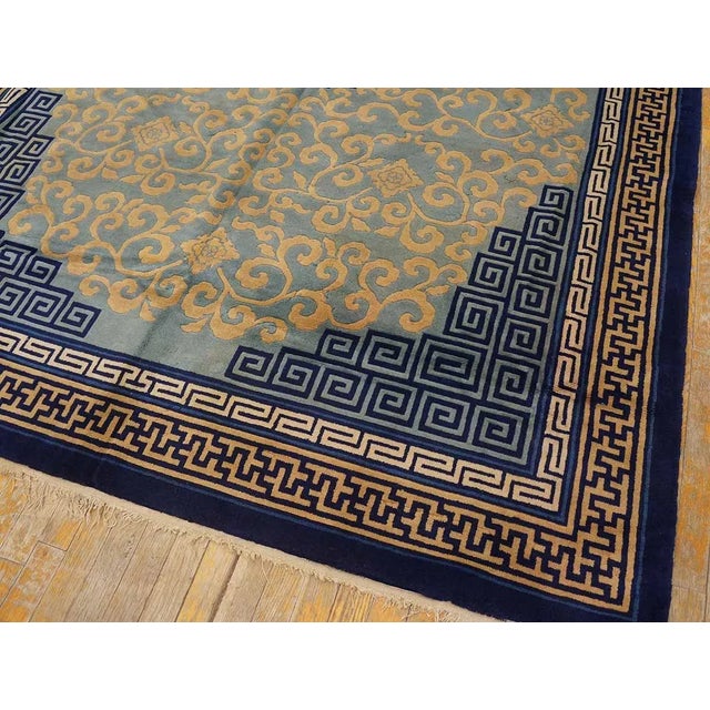 1960s Sky Blue Medallion Greek Key Vintage Chinese Peking Rug 6'8" X 9'6" Knotted Wool Carpet For Sale - Image 9 of 9