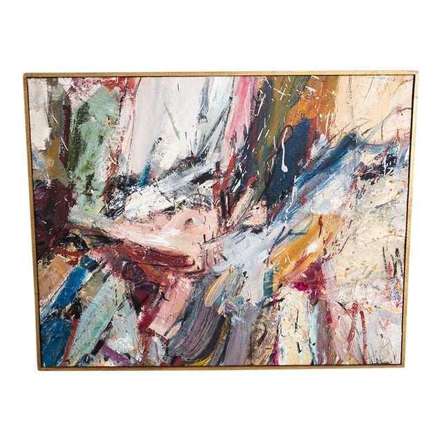 Mid Century Modern Oil Painting Abstract Expressionism Tan Red Yellow Signed For Sale