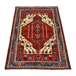 Zanjan Rug 3'8'' X 5'1'' Ivory Wool Vintage Tribal Hand-Knotted Oriental Carpet