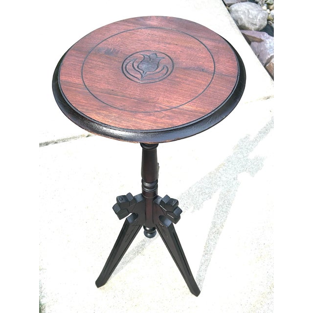 Antique, Walnut, Tripod, Occasional Table, Carved Tulip Motif, Geometric-Incised Details, Victorian/Eastlake Attributes, C 1900-1930’s For Sale - Image 9 of 12