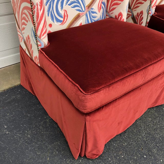 Transitional Pair of Custom Tall Wing Back Armless Chairs For Sale - Image 3 of 11