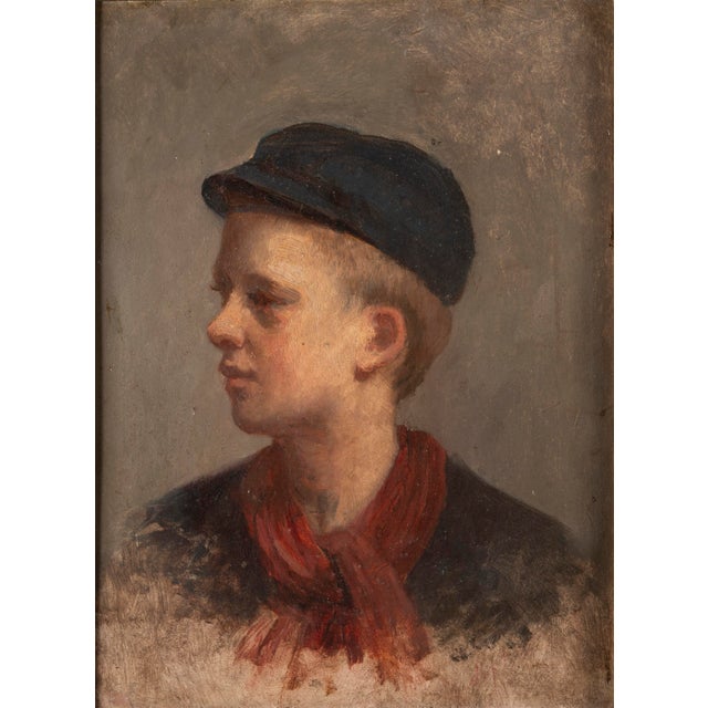 Unknown, Portrait of a Young Boy with Cap and Red Scarf, Oil Painting For Sale - Image 12 of 12