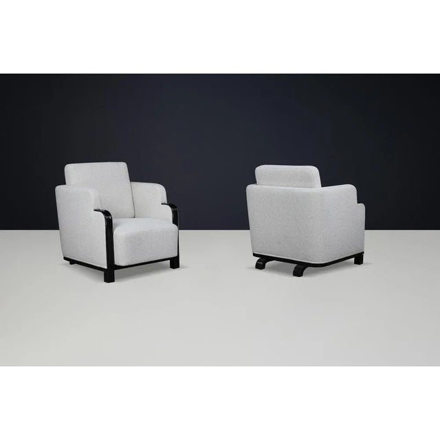 1930s Art Deco Armchairs in Bouclé and Black Lacquered Wood, Prague, 1930s, Set of 2 For Sale - Image 5 of 14