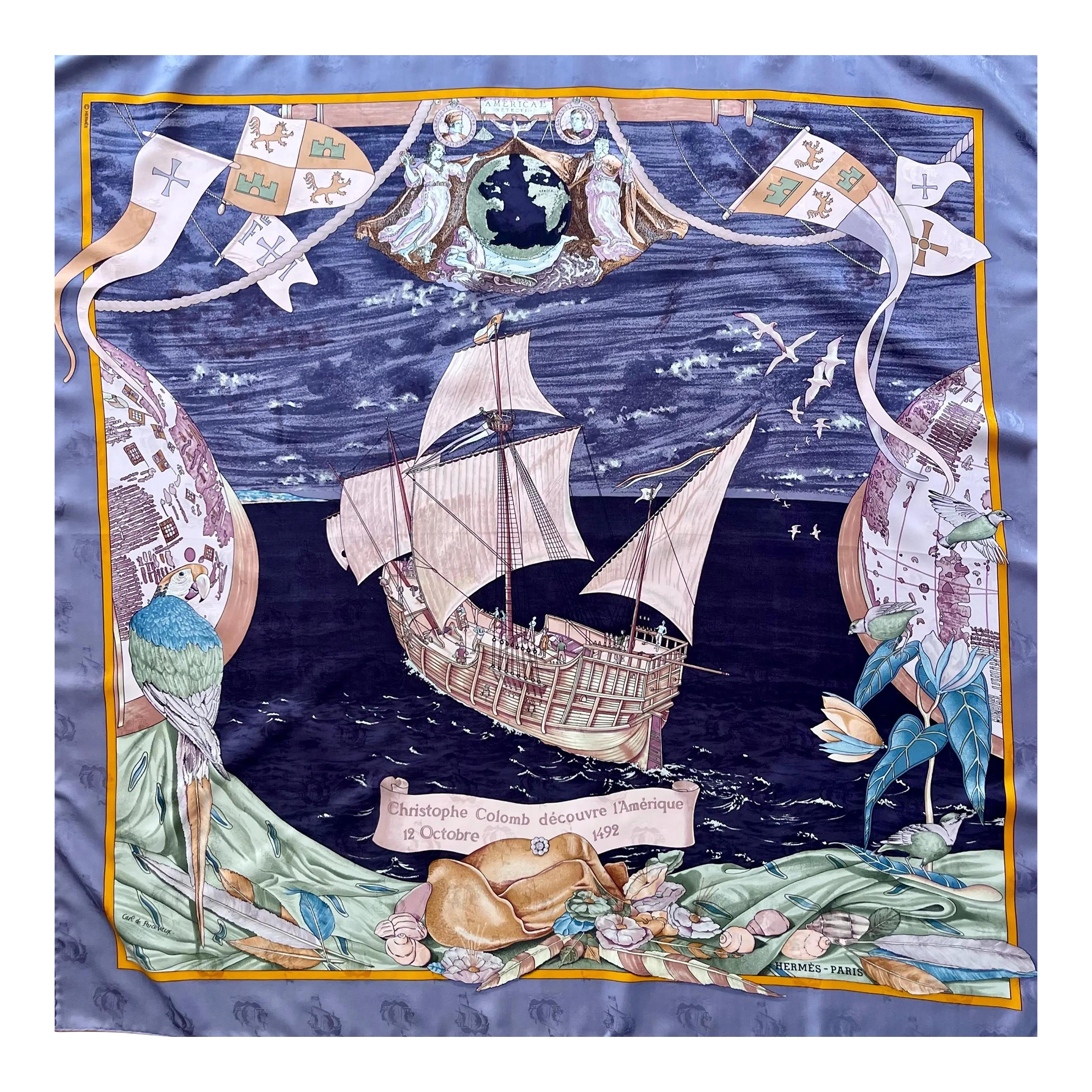 HERMES 半袖ニット Christophe Colomb サイズ40 Hermès Scarf “Christophe Colomb Découvre L'amerique”, Blue, 1992