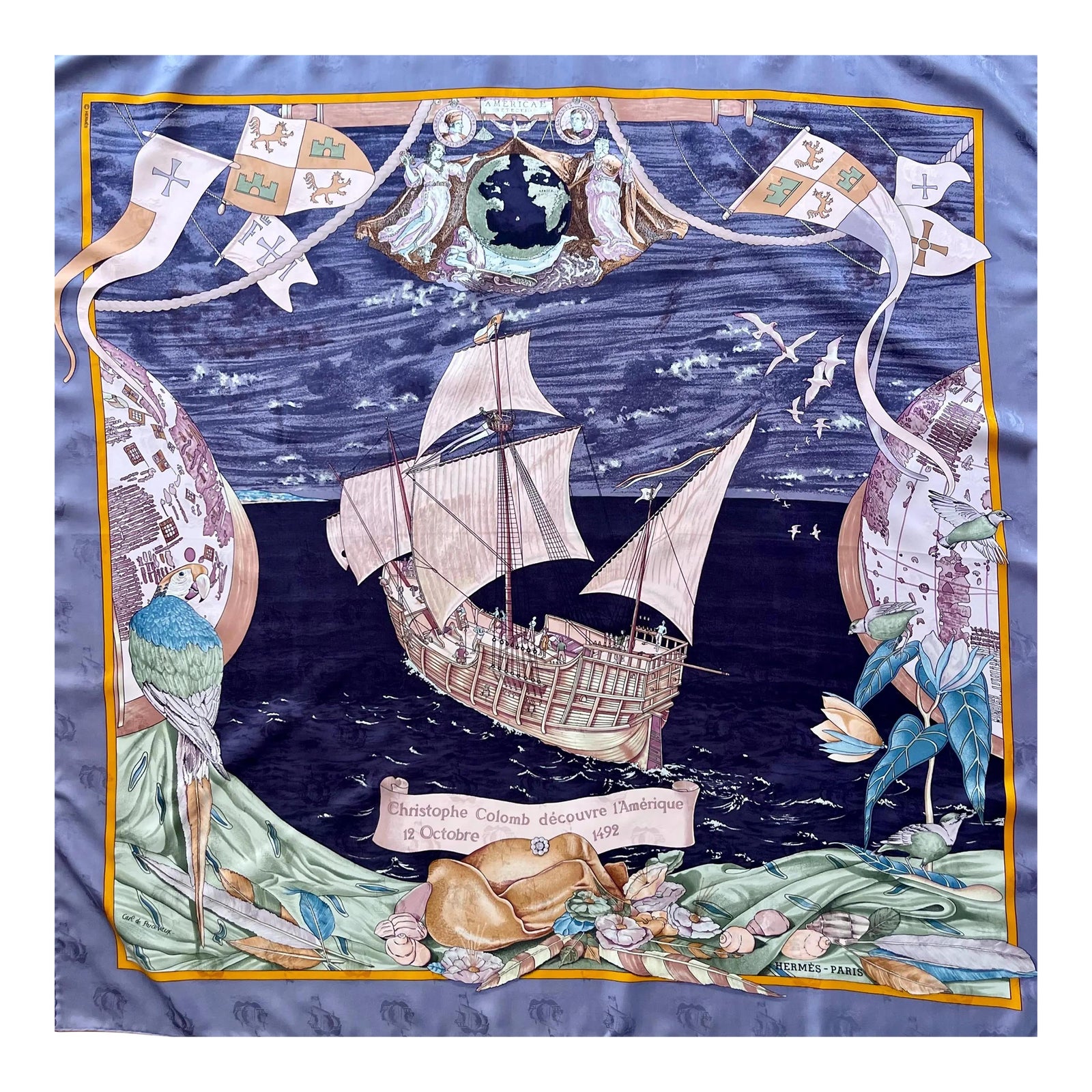 Hermès Scarf “Christophe Colomb Découvre L'amerique”, Blue, 1992