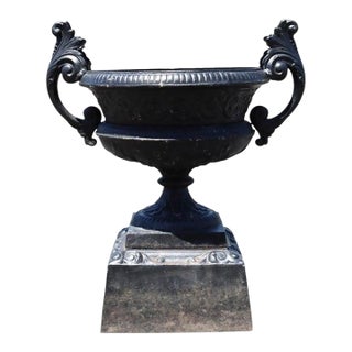 Large Antique Classical Cast Iron Garden Urn With Handles on Base C1900 For Sale