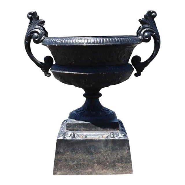 Large Antique Classical Cast Iron Garden Urn With Handles on Base C1900 For Sale