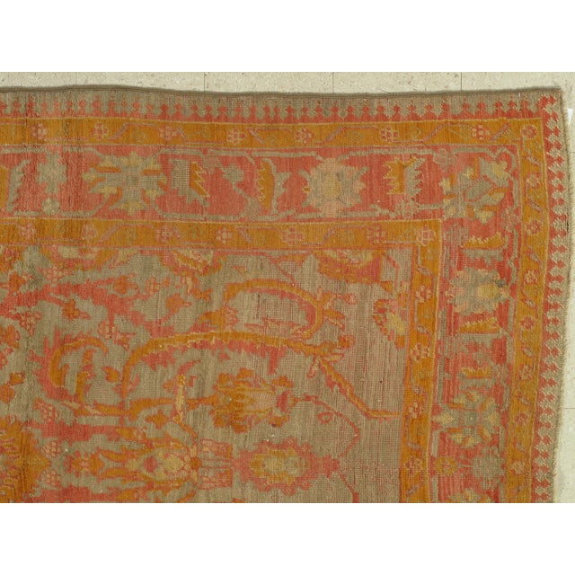 Antique Oushak Carpet, Handmade Turkish Oriental Rug, Saffron, Coral, Light Blue For Sale - Image 14 of 17