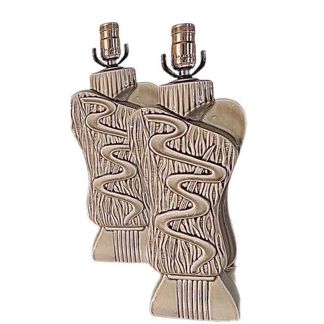 1940s 40s Pair Phil-Mar Style Art Deco Mid Century Modern Abstract Ceramic Table Lamps For Sale - Image 5 of 12