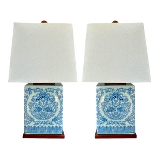 Lauren Ralph Blue & White Double Chinoiserie Koi Porcelain Lamps – A Pair For Sale