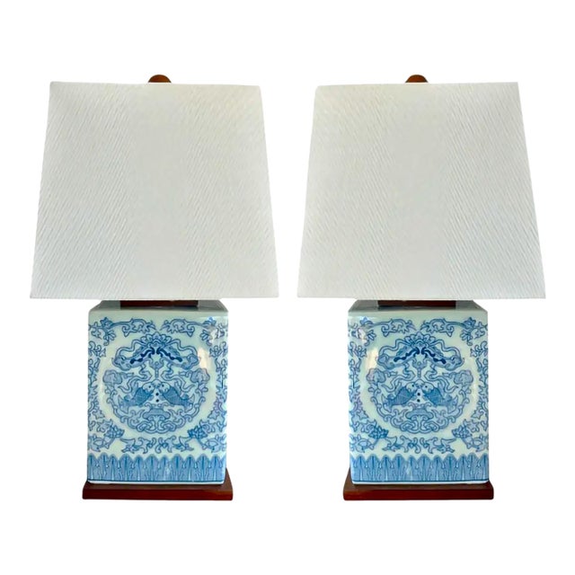 Lauren Ralph Lauren Blue & White Double Chinoiserie Koi Porcelain Lamps – 2 Available For Sale