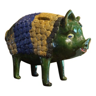 1990s Michoacán Mexico Folk Art Pottery Pig Bank Sculpture For Sale