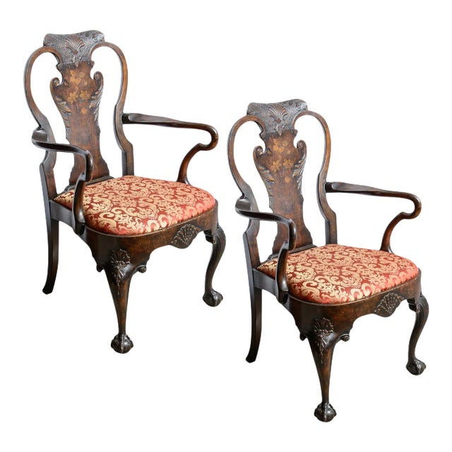 European Painted and Carved Inlaid Armchairs a Pair For Sale