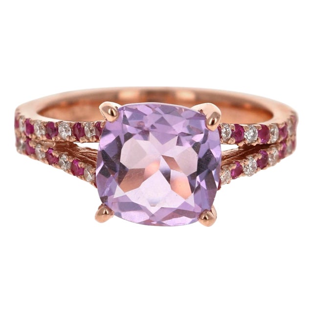 Amethyst Pink Sapphire Diamond Rose Gold Cocktail Ring, Size 7 For Sale