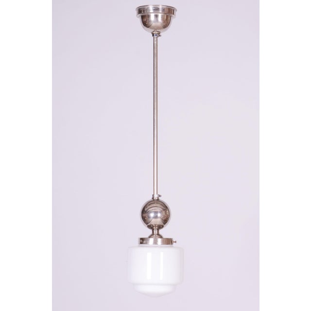 Silver Czech Bauhaus Pendant in Chrome-Plated Steel and Opaline Glass, 1930s For Sale - Image 8 of 8