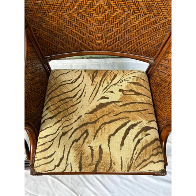 Brown Vintage Bamboo & Rattan Arm Chairs – Pair of Wicker Dining or Accent Chairs With Upholstered Seats For Sale - Image 8 of 12