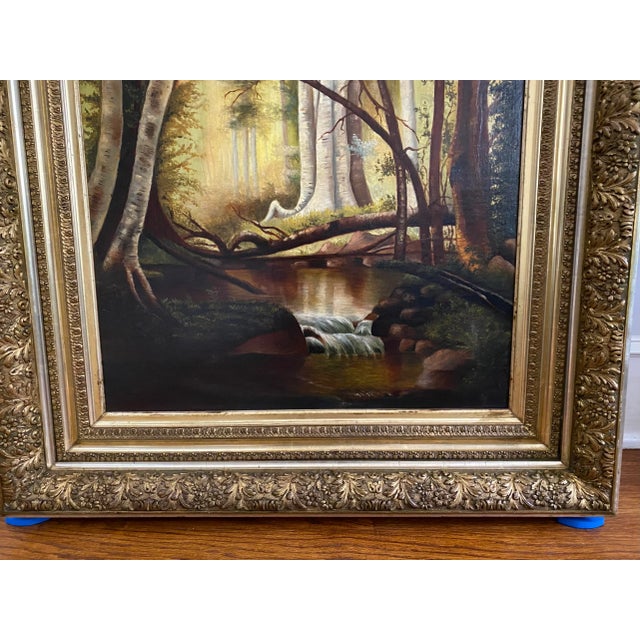 Large Antique Vertical Landscape Painting in Gilt Ornate Frame For Sale - Image 4 of 13