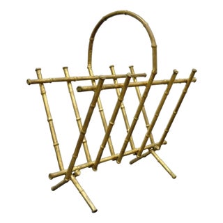 Vintage Italian Hollywood Regency Gold Gilt Metal Faux Bamboo Magazine Rack For Sale