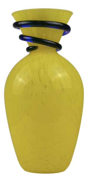 Sculptural Yellow Art Glass Vase with Cobalt Blue Spiral Neck, 1980s