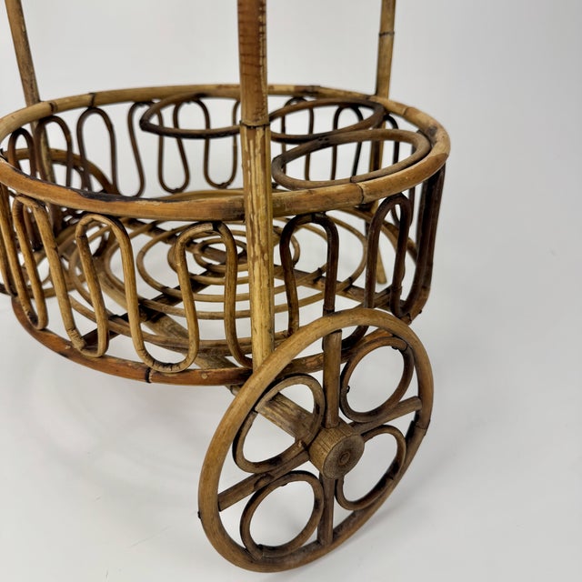Brown Vintage Bamboo Rattan Serving Bar Cart, Italy, 1950s For Sale - Image 8 of 9