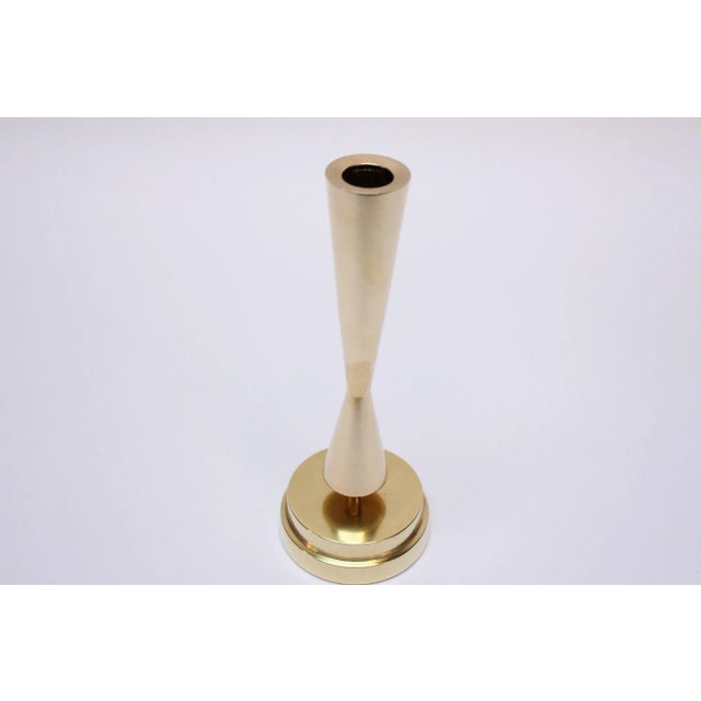 Elegant, sculptural brass bud vase/candlestick by Crown (ca. 1950s, USA). Lacquer finish has protected the brass from...