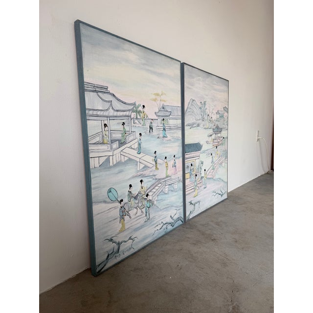 Beautiful pair of 1970’s figurative Asian landscape scene paintings by Mary Rohloff. Executed in acrylic on canvas, these...