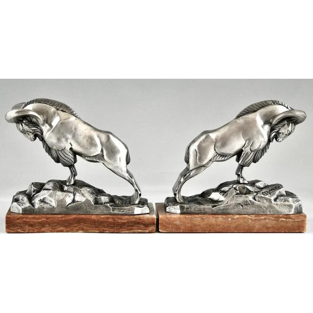 Art Deco Silvered Bronze Ibex Bookends by C. Charles., 1925, Set of 2 For Sale - Image 3 of 10