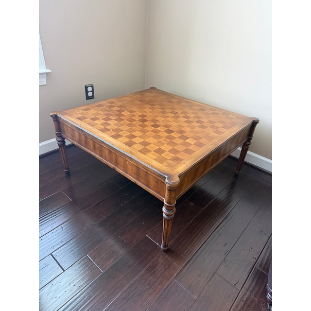 Vintage French Neoclassical Square Game Coffee Table With Parquet Checkerboard Top For Sale - Image 4 of 7
